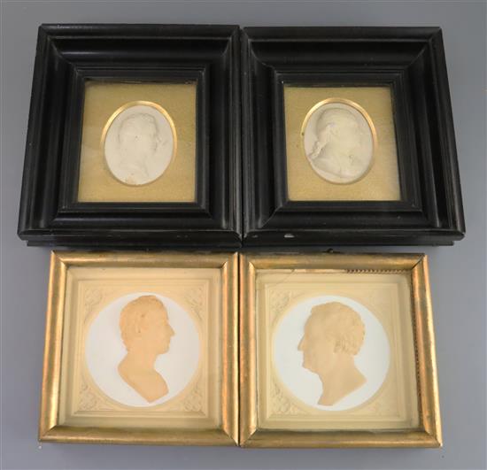 A pair of early Victorian plaster relief portrait plaques of Keates and Morot, retailed by Aikman & Kellock of Edinburgh, 3in.